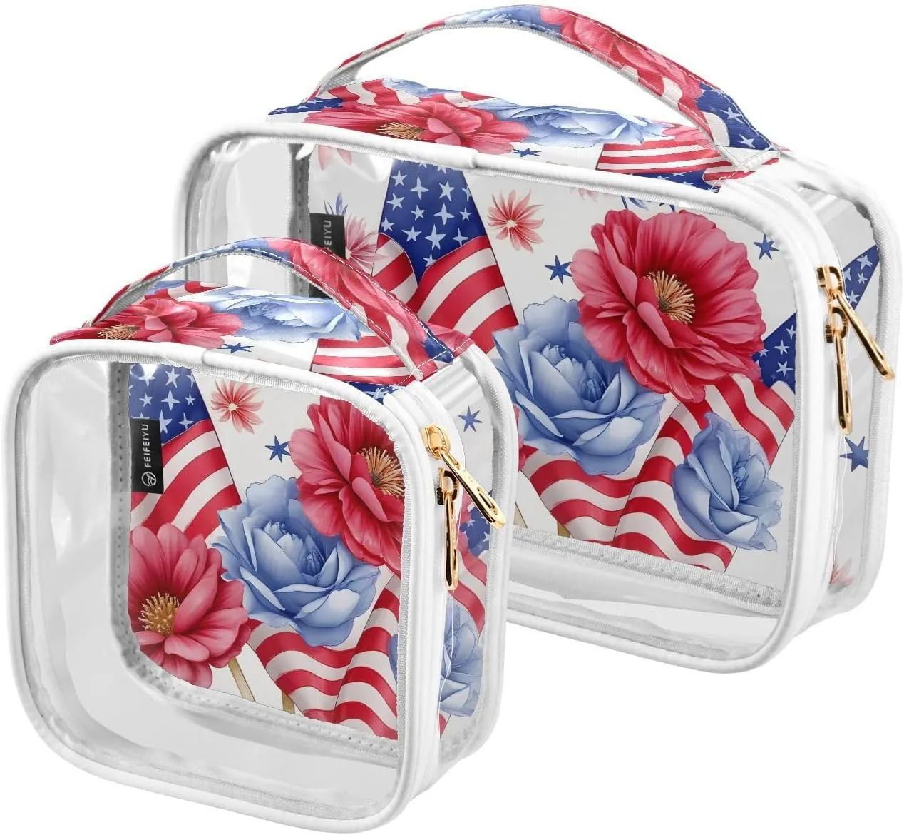 2 Pack Clear Makeup Bag, America Flag Blue Red Flowers Stars Cosmetic Organizer Waterproof Travel Toiletry Bags for Women Transparent Handbag Purse