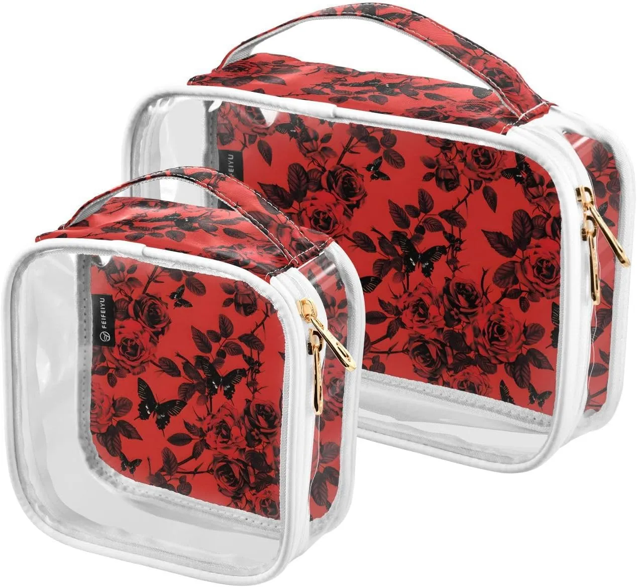 2 Pack Clear Makeup Bag, Black Butterfly Red Rose Pattern Cosmetic Organizer Waterproof Travel Toiletry Bags for Women Transparent Handbag Purse