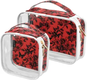 2 Pack Clear Makeup Bag, Black Butterfly Red Rose Pattern Cosmetic Organizer Waterproof Travel Toiletry Bags for Women Transparent Handbag Purse
