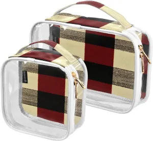 2 Pack Clear Makeup Bag, Red - Black Buffalo Check Pattern Cosmetic Organizer Waterproof Travel Toiletry Bags for Women Transparent Handbag Purse