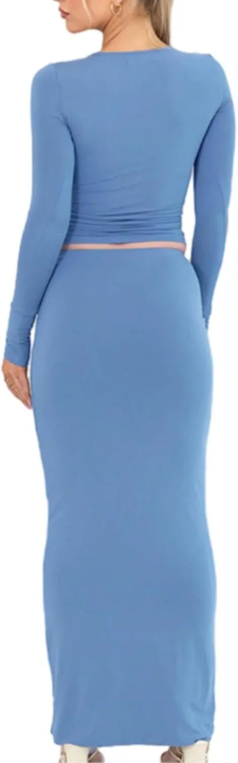 2 Piece Bodycon Maxi Skirt Sets Women Long Sleeve Tight Tshirt Top High Waist Long Skirt Fall Two Piece Outfits