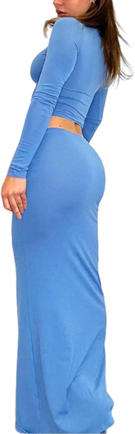 2 Piece Bodycon Maxi Skirt Sets Women Long Sleeve Tight Tshirt Top High Waist Long Skirt Fall Two Piece Outfits