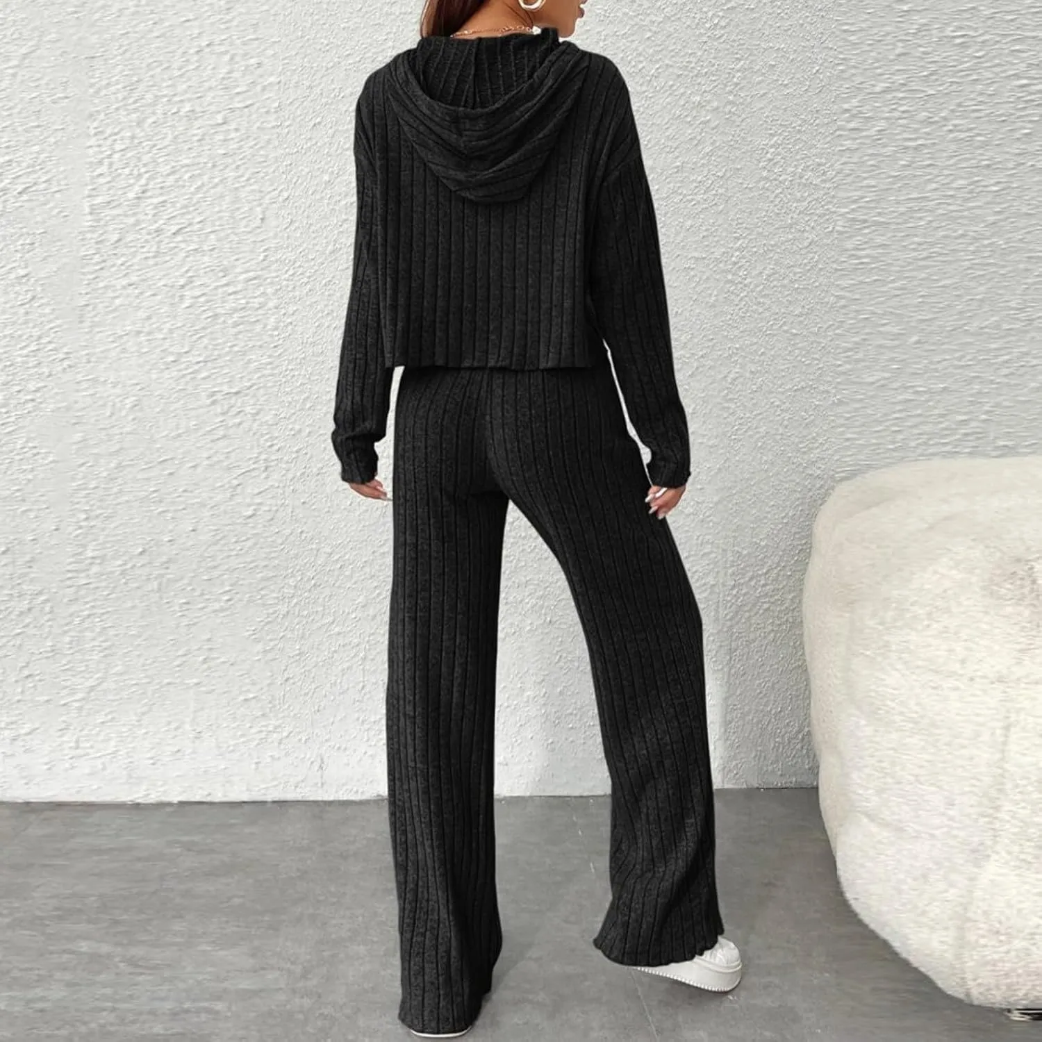 2 Piece Knit Outfits for Women 2024 Fall Long Sleeve Hoodie and High Elastic Waist Long Pants Solid Loungewear Sets