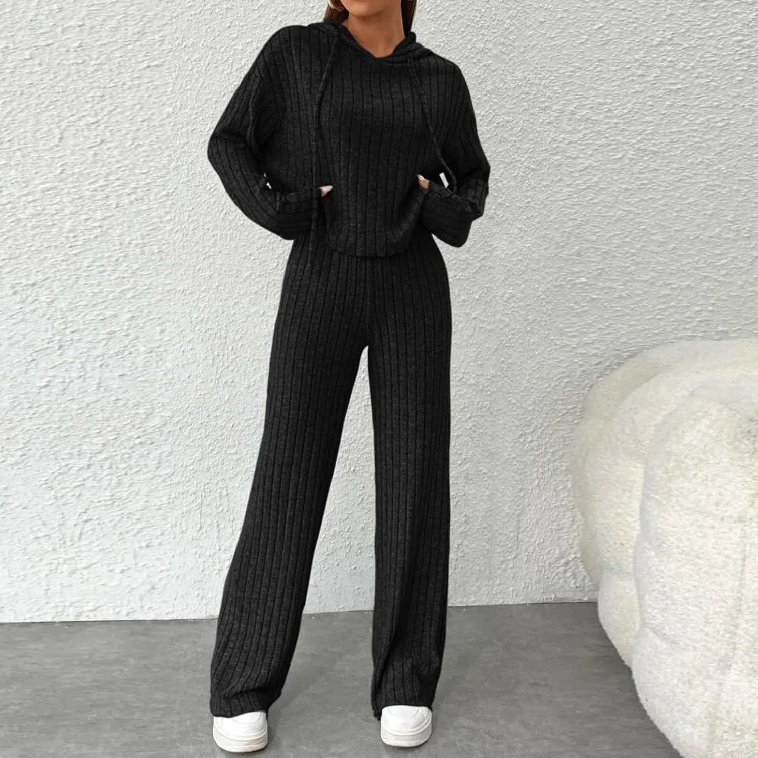 2 Piece Knit Outfits for Women 2024 Fall Long Sleeve Hoodie and High Elastic Waist Long Pants Solid Loungewear Sets