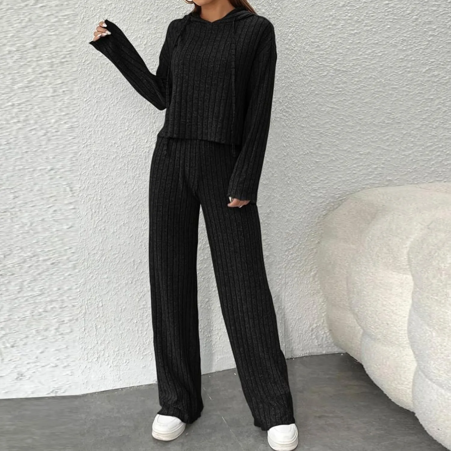 2 Piece Knit Outfits for Women 2024 Fall Long Sleeve Hoodie and High Elastic Waist Long Pants Solid Loungewear Sets