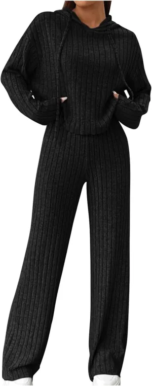 2 Piece Knit Outfits for Women 2024 Fall Long Sleeve Hoodie and High Elastic Waist Long Pants Solid Loungewear Sets