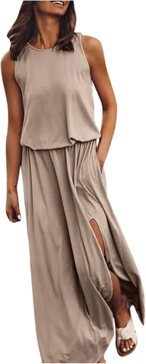 2024 Women Summer Dresses Sleeveless Casual Loose Midi Tank Dress Hide Belly Blouson Knee Length Sundress with Pockets