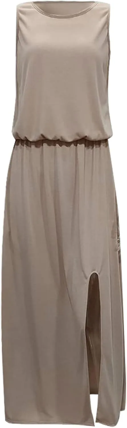2024 Women Summer Dresses Sleeveless Casual Loose Midi Tank Dress Hide Belly Blouson Knee Length Sundress with Pockets