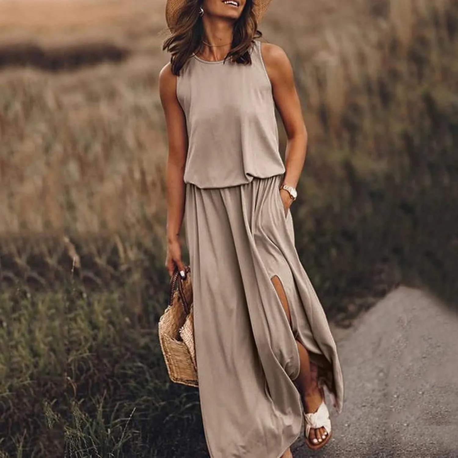 2024 Women Summer Dresses Sleeveless Casual Loose Midi Tank Dress Hide Belly Blouson Knee Length Sundress with Pockets