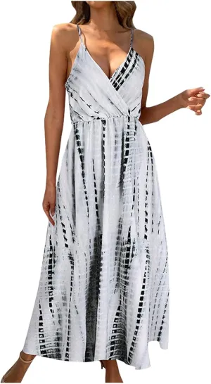 2025 Bohemian Floral Print Dress for Women Summer V Neck Spaghetti Strap Sleeveless Flowy Beach Maxi Dresses
