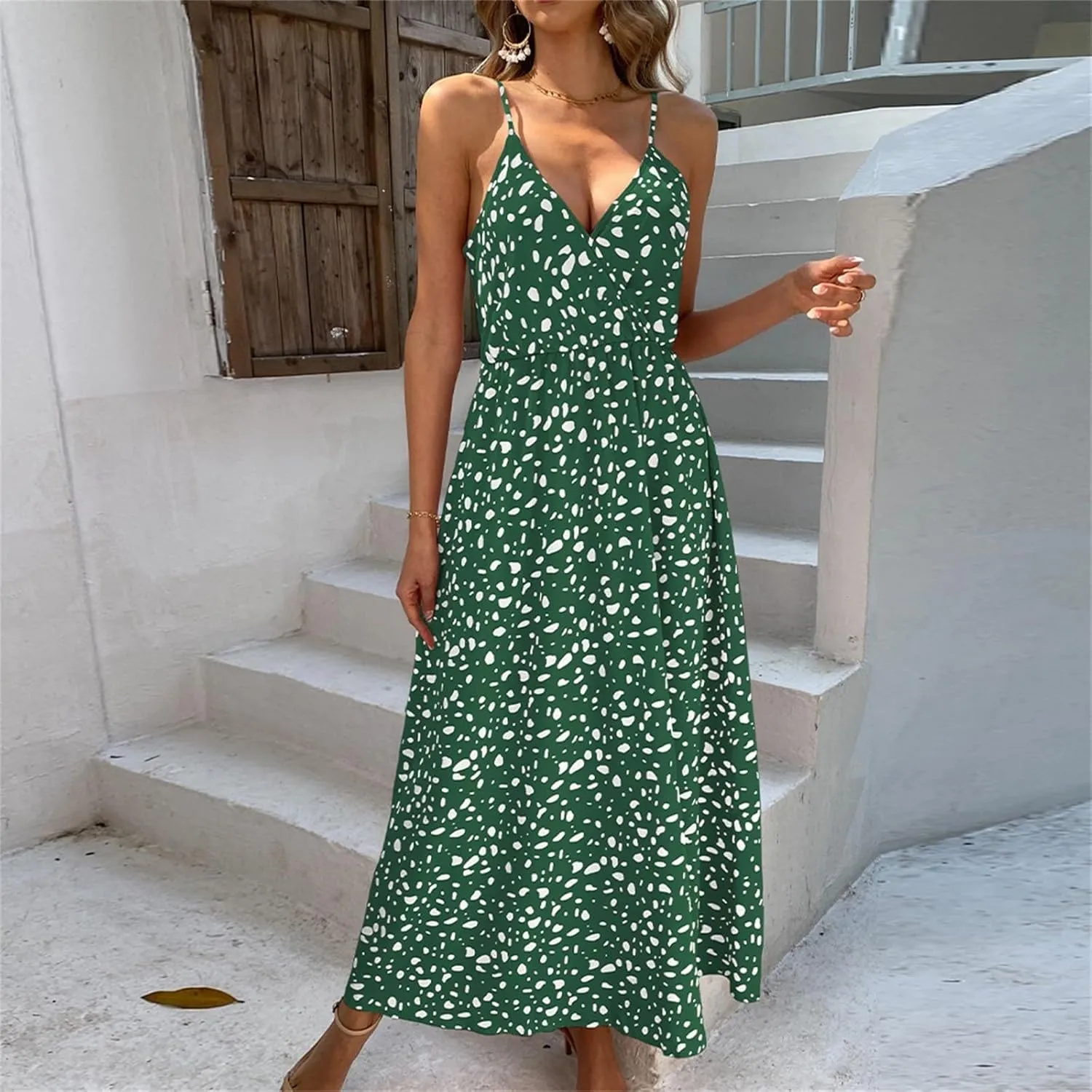 2025 Bohemian Floral Print Dress for Women Summer V Neck Spaghetti Strap Sleeveless Flowy Beach Maxi Dresses