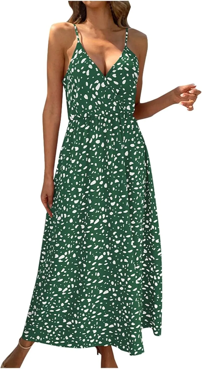 2025 Bohemian Floral Print Dress for Women Summer V Neck Spaghetti Strap Sleeveless Flowy Beach Maxi Dresses