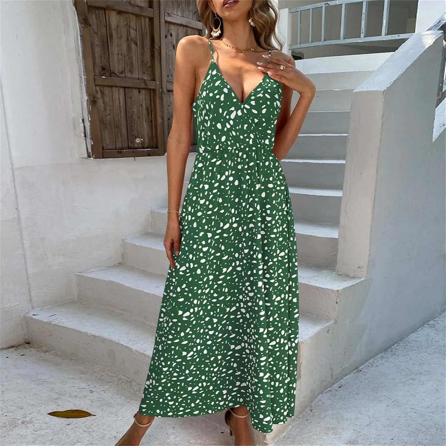 2025 Bohemian Floral Print Dress for Women Summer V Neck Spaghetti Strap Sleeveless Flowy Beach Maxi Dresses