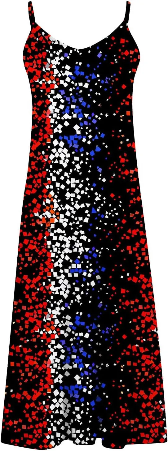 4th of July Dress for Women USA Flag Graphic Sundresses Stars Stripes Printed Independence Day Sleeveless Maxi Dress