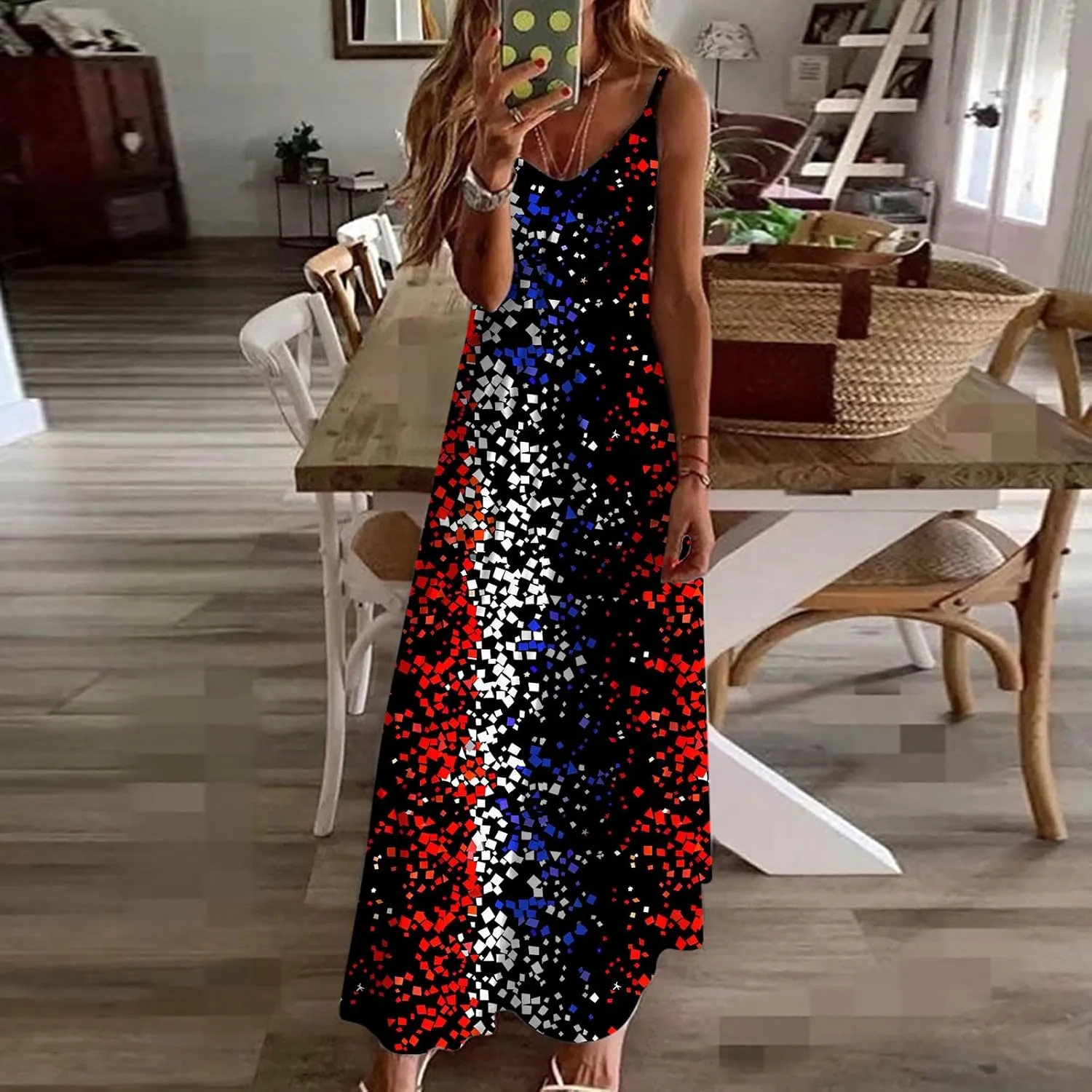 4th of July Dress for Women USA Flag Graphic Sundresses Stars Stripes Printed Independence Day Sleeveless Maxi Dress