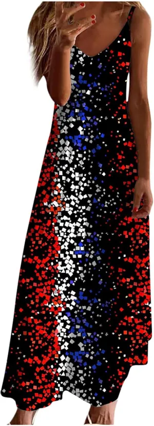 4th of July Dress for Women USA Flag Graphic Sundresses Stars Stripes Printed Independence Day Sleeveless Maxi Dress