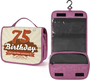 75Th Birthday Print,Toiletry Bag Travel Bag with Hanging Hook,Retro Style Celebration Theme,Water-resistant Makeup Cosmetic Bag Organizer for Makeup Accessories,Full-size Container,Brown