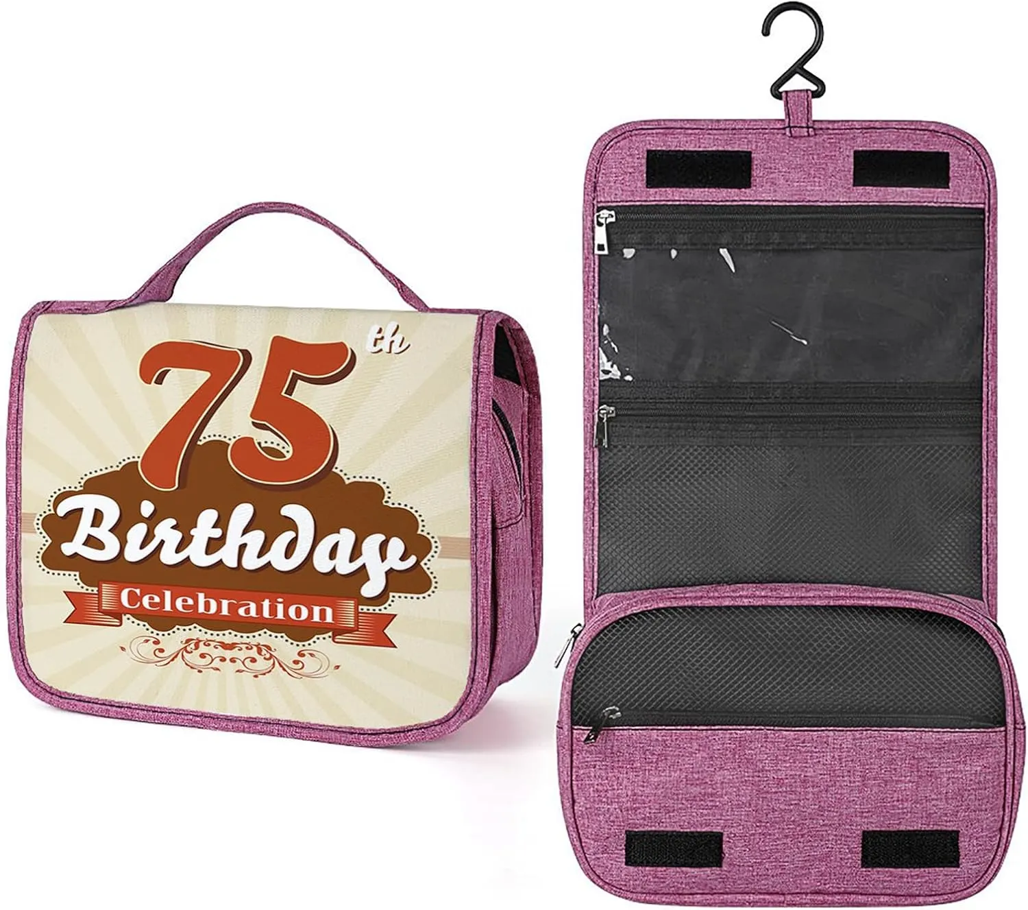 75Th Birthday Print,Toiletry Bag Travel Bag with Hanging Hook,Retro Style Celebration Theme,Water-resistant Makeup Cosmetic Bag Organizer for Makeup Accessories,Full-size Container,Brown