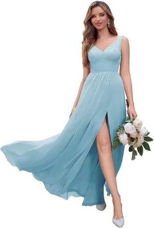 A Line Long Chiffon Bridesmaid Formal Evening Dress for Women Long Wedding Guest Party Event Dress with Slit
