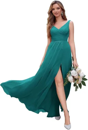 A Line Long Chiffon Bridesmaid Formal Evening Dress for Women Long Wedding Guest Party Event Dress with Slit