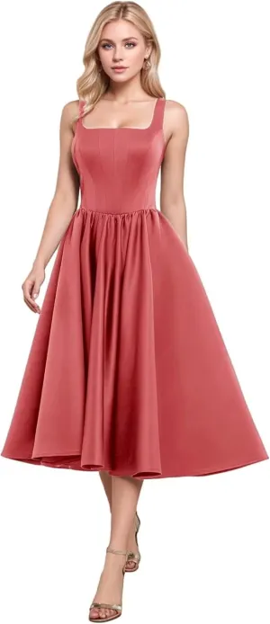 A-Line Tea Length Party Dress for Women, Pleated Satin Formal Evening Dress Prom Gown Wedding Gown