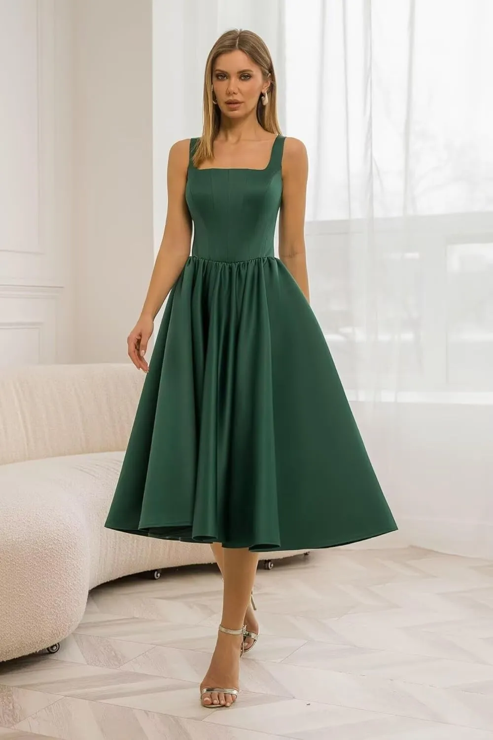 A-Line Tea Length Party Dress for Women, Pleated Satin Formal Evening Dress Prom Gown Wedding Gown