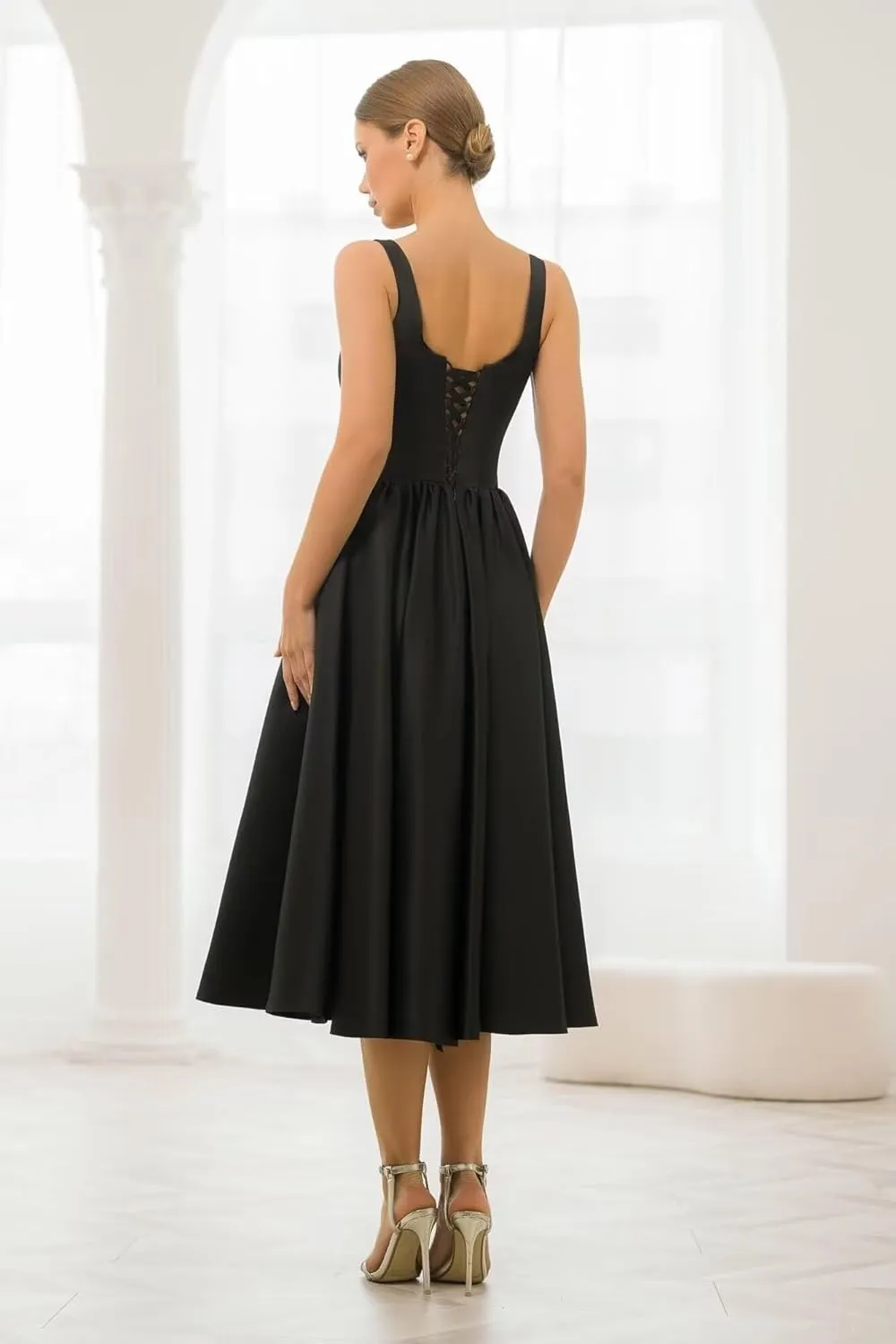 A-Line Tea Length Party Dress for Women, Pleated Satin Formal Evening Dress Prom Gown Wedding Gown
