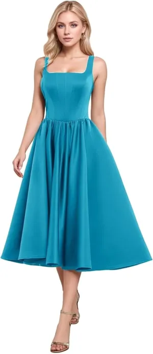 A-Line Tea Length Party Dress for Women, Pleated Satin Formal Evening Dress Prom Gown Wedding Gown