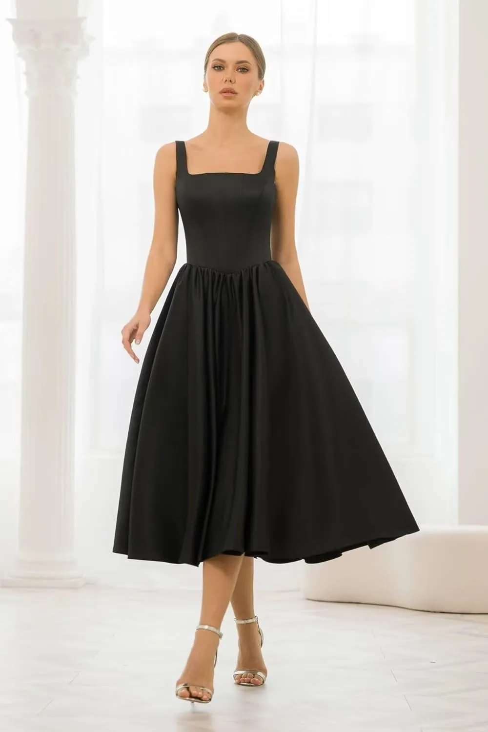 A-Line Tea Length Party Dress for Women, Pleated Satin Formal Evening Dress Prom Gown Wedding Gown