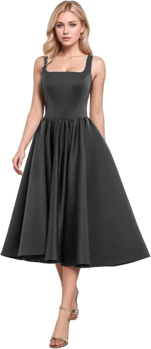 A-Line Tea Length Party Dress for Women, Pleated Satin Formal Evening Dress Prom Gown Wedding Gown