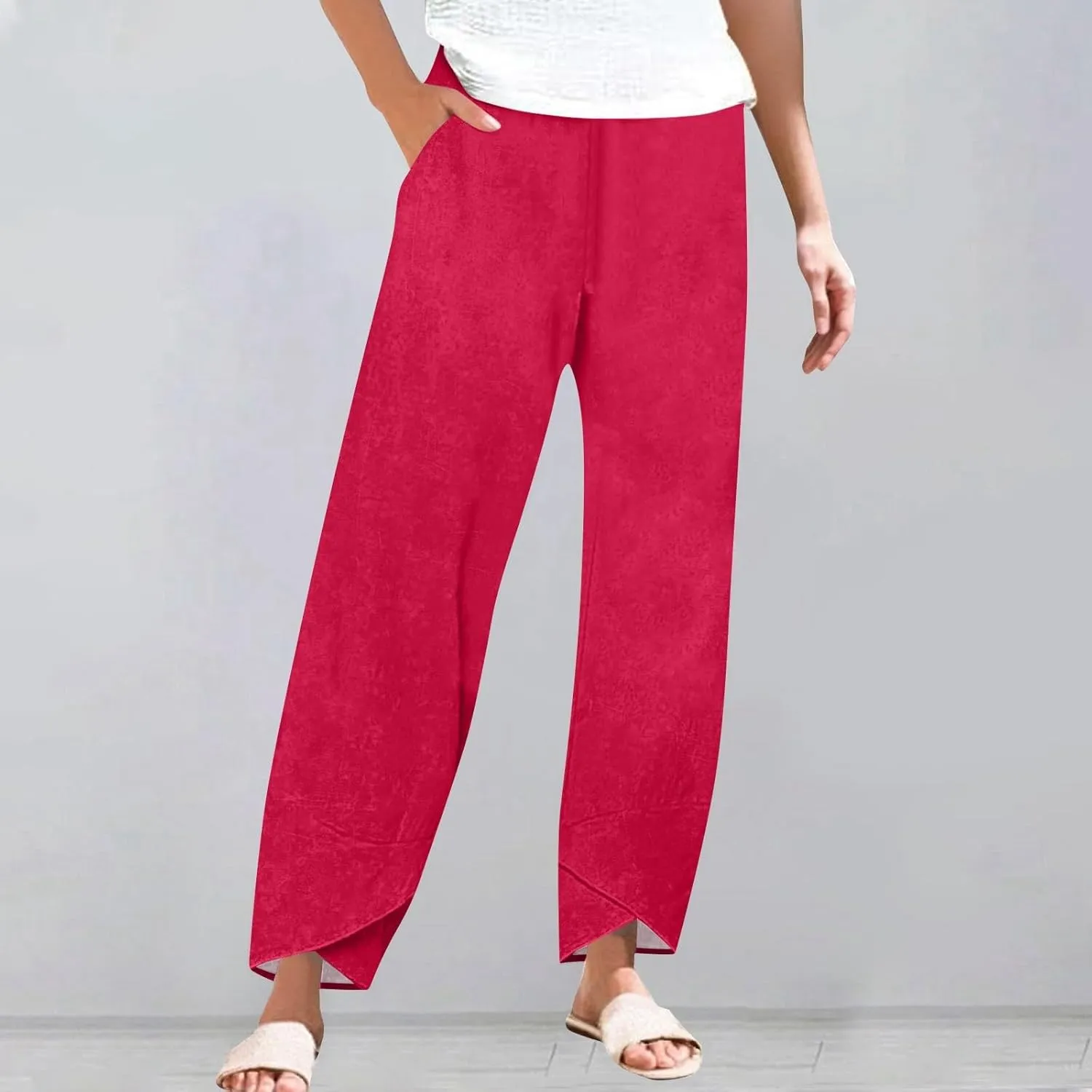 ADHOWBEW Womens Capri Pants with Pockets Wide Leg Drawstring Lounge Comfy High Waist Casual Cotton Flowy Summer Trousers