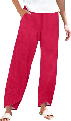 ADHOWBEW Womens Capri Pants with Pockets Wide Leg Drawstring Lounge Comfy High Waist Casual Cotton Flowy Summer Trousers