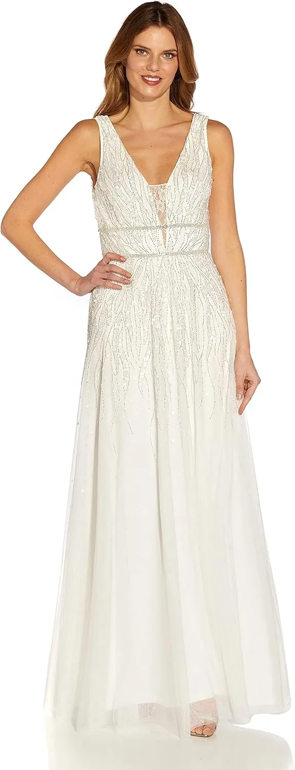 Adrianna Papell Women's Beaded Mesh Chiffon Gown
