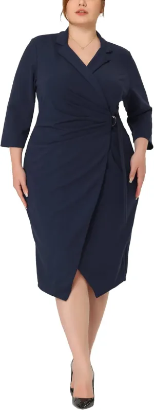 Agnes Orinda Plus Size Faux Wrap Dresses 3/4 Sleeve Notched Lapel Cocktail Evening Party Dress