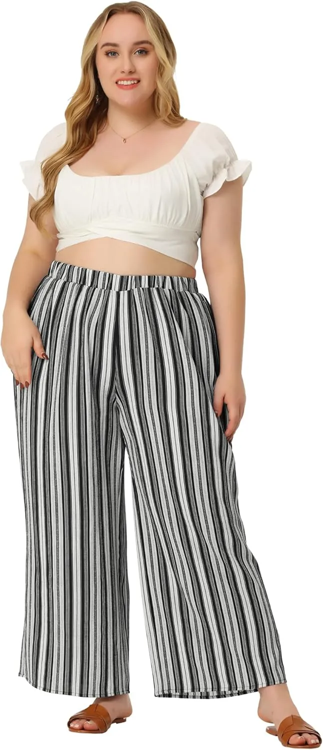 Agnes Orinda Plus Size Palazzo Pants for Women Stripe Boho Wide Leg Paper Bag Pants Beach Casual Summer