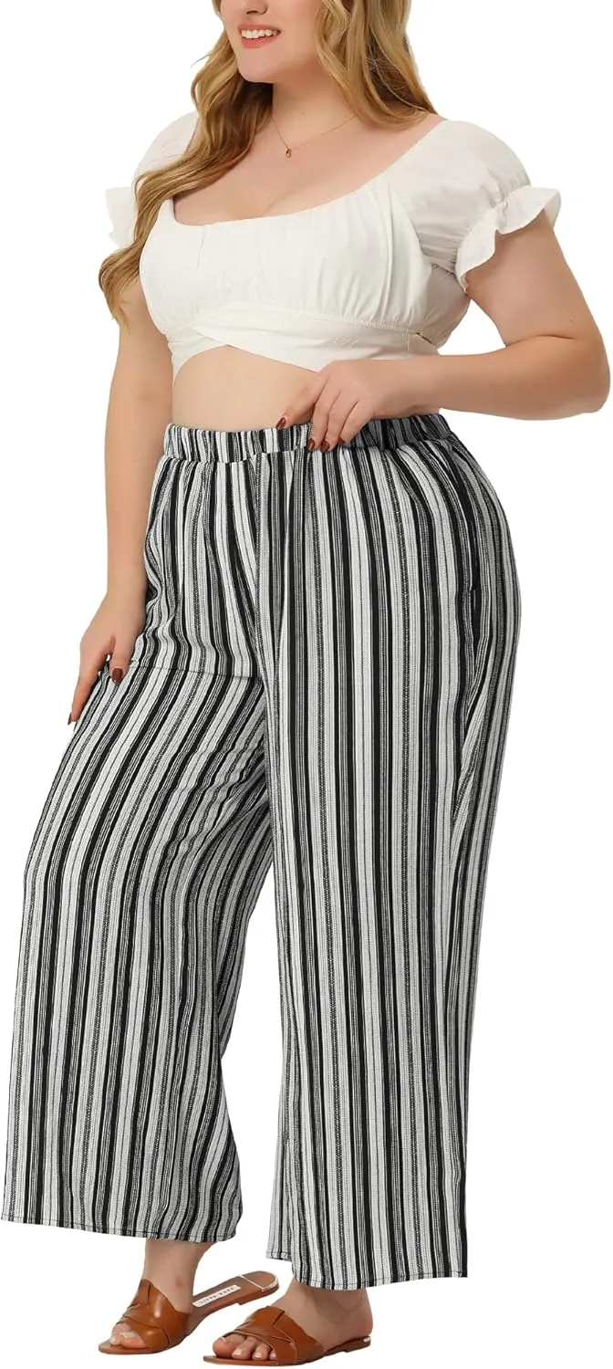Agnes Orinda Plus Size Palazzo Pants for Women Stripe Boho Wide Leg Paper Bag Pants Beach Casual Summer