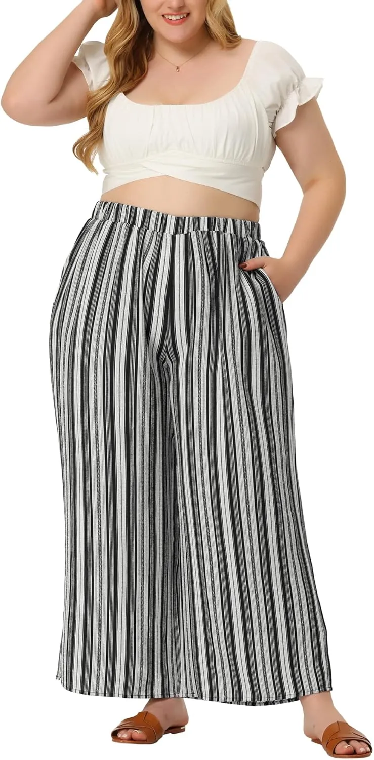 Agnes Orinda Plus Size Palazzo Pants for Women Stripe Boho Wide Leg Paper Bag Pants Beach Casual Summer