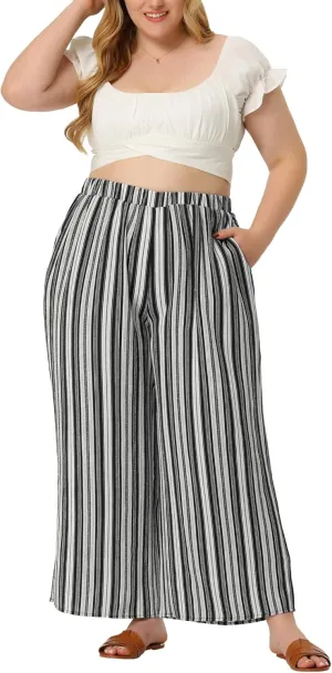 Agnes Orinda Plus Size Palazzo Pants for Women Stripe Boho Wide Leg Paper Bag Pants Beach Casual Summer