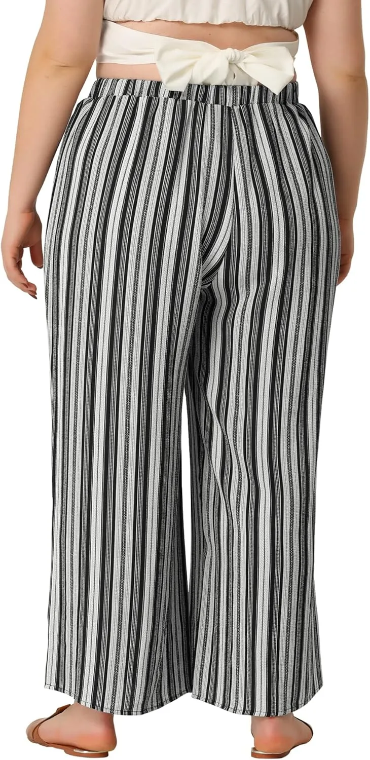 Agnes Orinda Plus Size Palazzo Pants for Women Stripe Boho Wide Leg Paper Bag Pants Beach Casual Summer