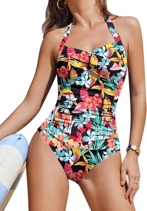 AI'MAGE Women's One Piece Swimsuit Halter Bathing Suit Ruched Tummy Control Swimsuits Push Up Swimwear S-2XL