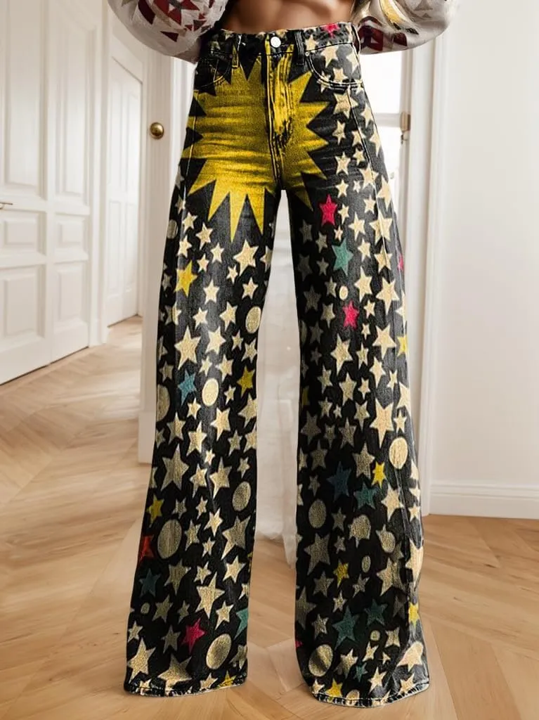 Akivide Womens Oversized Fake Denim Floral Print Wide Leg Pants Casual Loose Graphic High Waist Ziper Strethy Flare Trousers