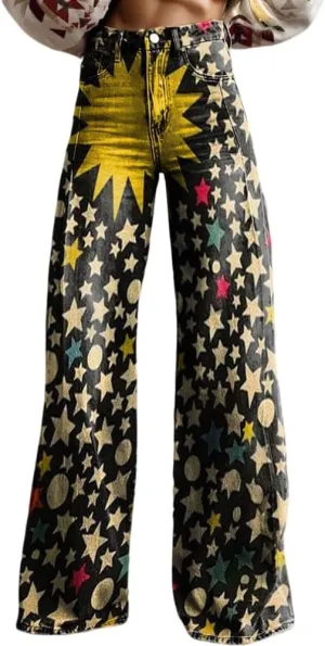 Akivide Womens Oversized Fake Denim Floral Print Wide Leg Pants Casual Loose Graphic High Waist Ziper Strethy Flare Trousers