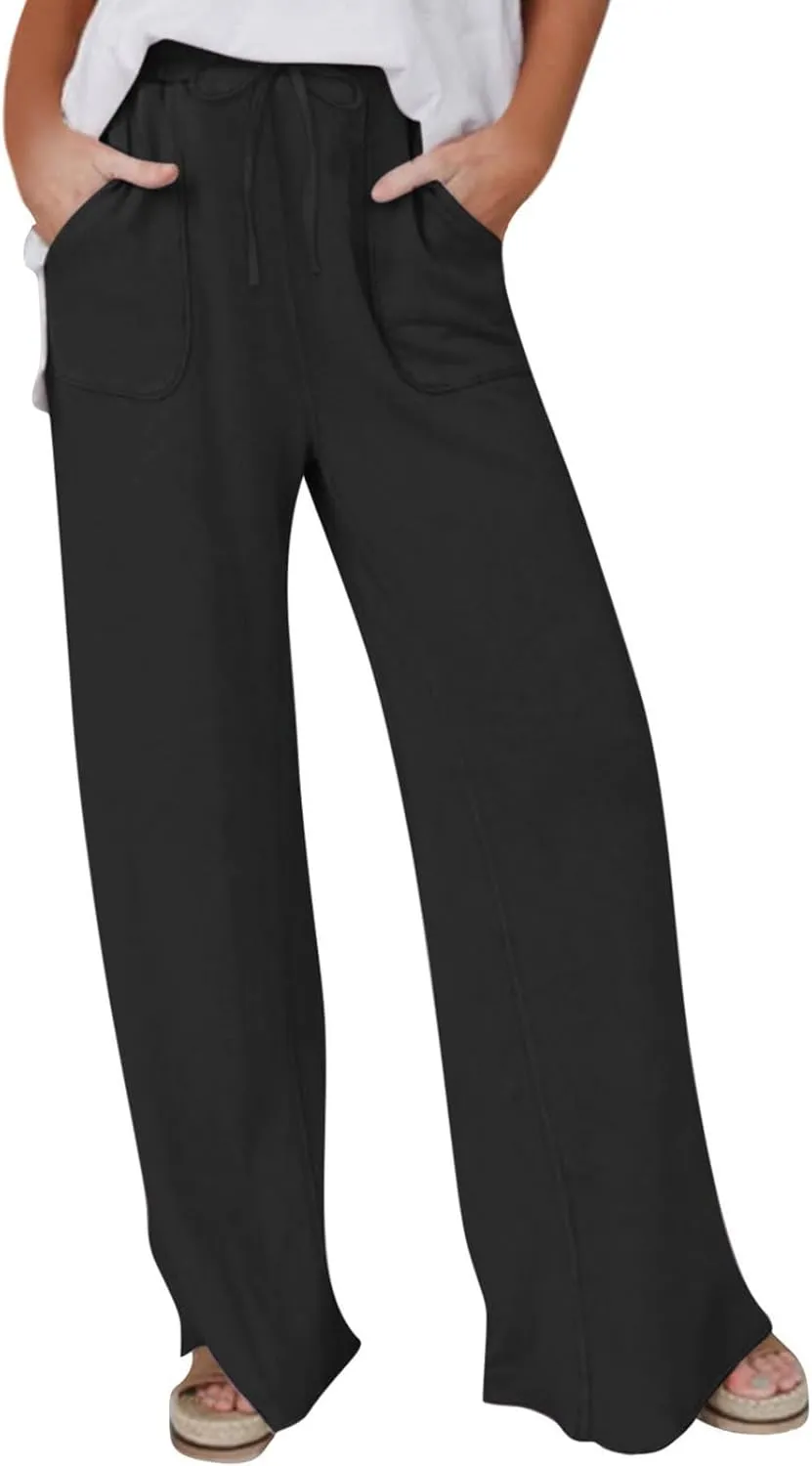 Akklian Women's Summer Cotton Linen Wide Leg Pants Drawstring High Waisted Palazzo Pants Flowy Beach Trousers with Pockets