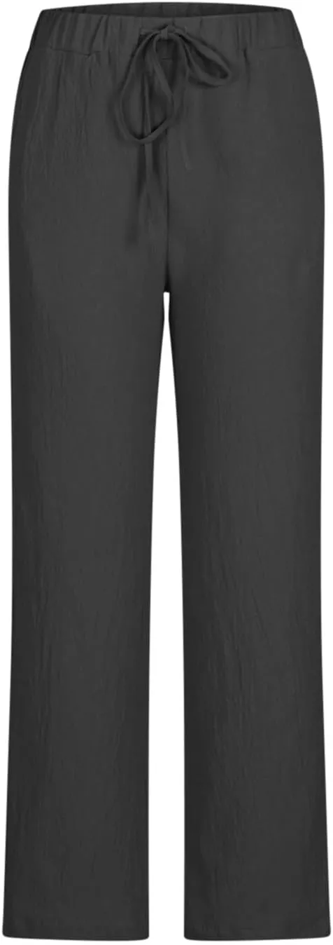 Akklian Women's Summer Cotton Linen Wide Leg Pants Drawstring High Waisted Palazzo Pants Flowy Beach Trousers with Pockets