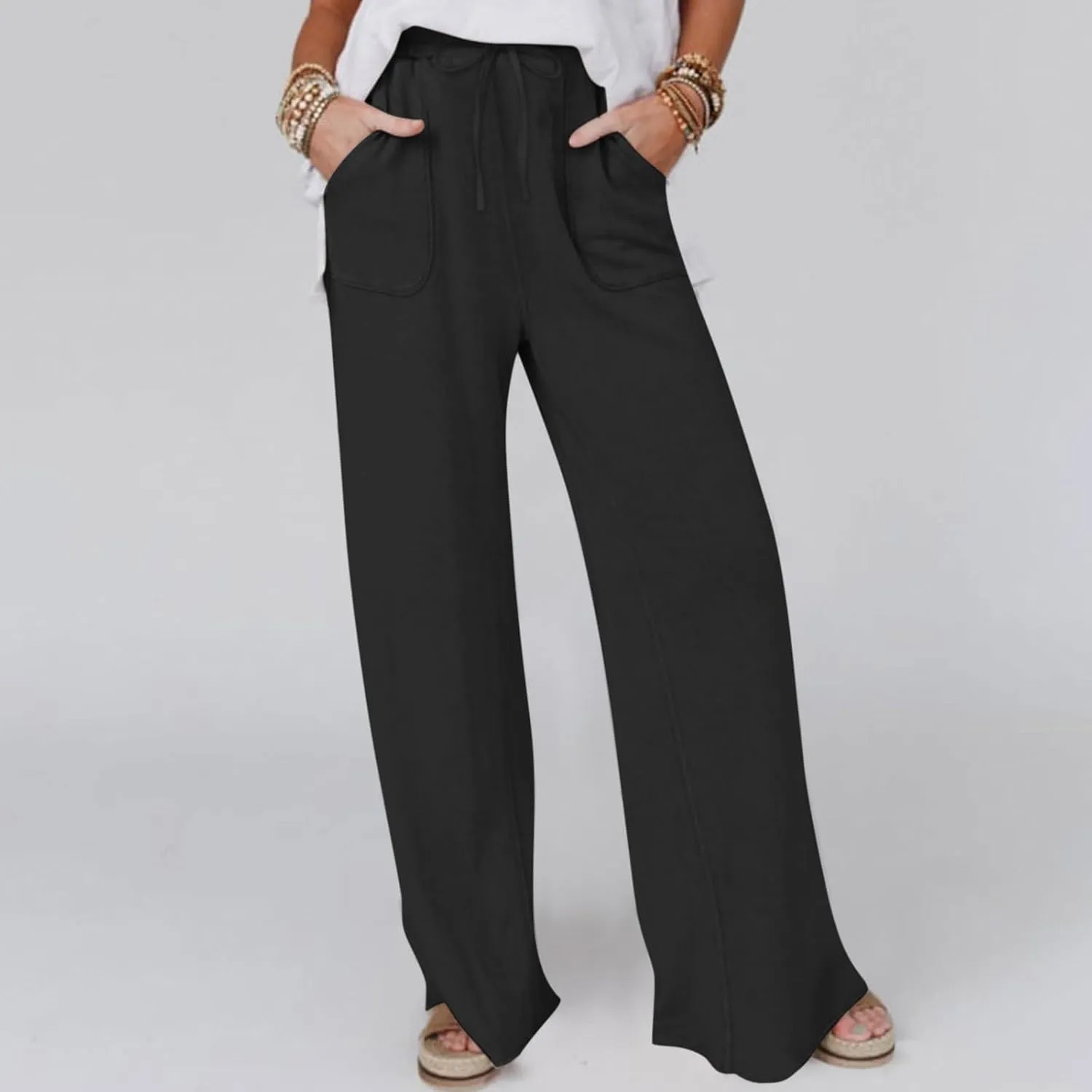 Akklian Women's Summer Cotton Linen Wide Leg Pants Drawstring High Waisted Palazzo Pants Flowy Beach Trousers with Pockets