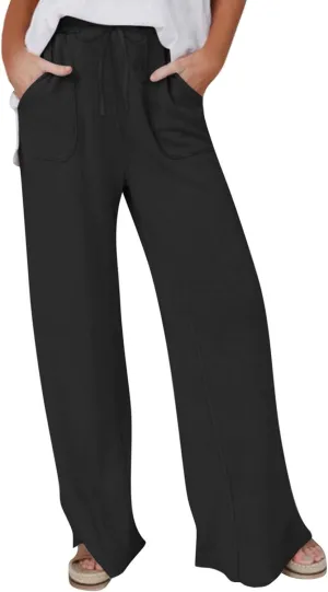 Akklian Women's Summer Cotton Linen Wide Leg Pants Drawstring High Waisted Palazzo Pants Flowy Beach Trousers with Pockets