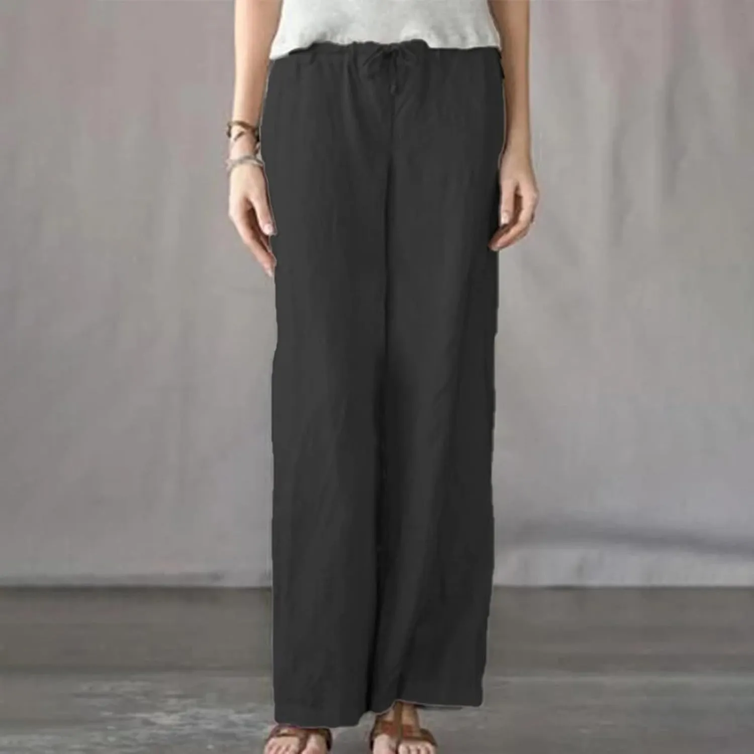 Akklian Women's Summer Cotton Linen Wide Leg Pants Drawstring High Waisted Palazzo Pants Flowy Beach Trousers with Pockets
