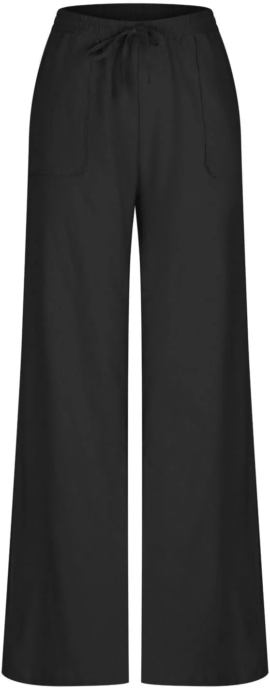 Akklian Women's Summer Cotton Linen Wide Leg Pants Drawstring High Waisted Palazzo Pants Flowy Beach Trousers with Pockets