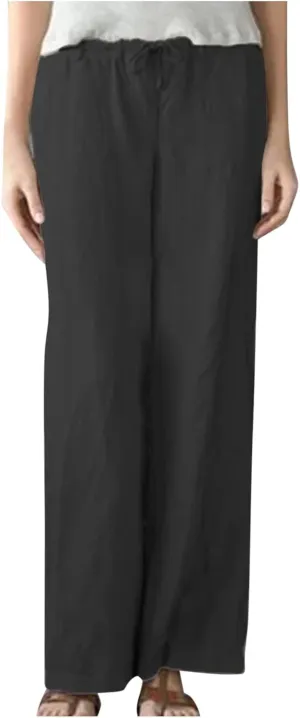 Akklian Women's Summer Cotton Linen Wide Leg Pants Drawstring High Waisted Palazzo Pants Flowy Beach Trousers with Pockets