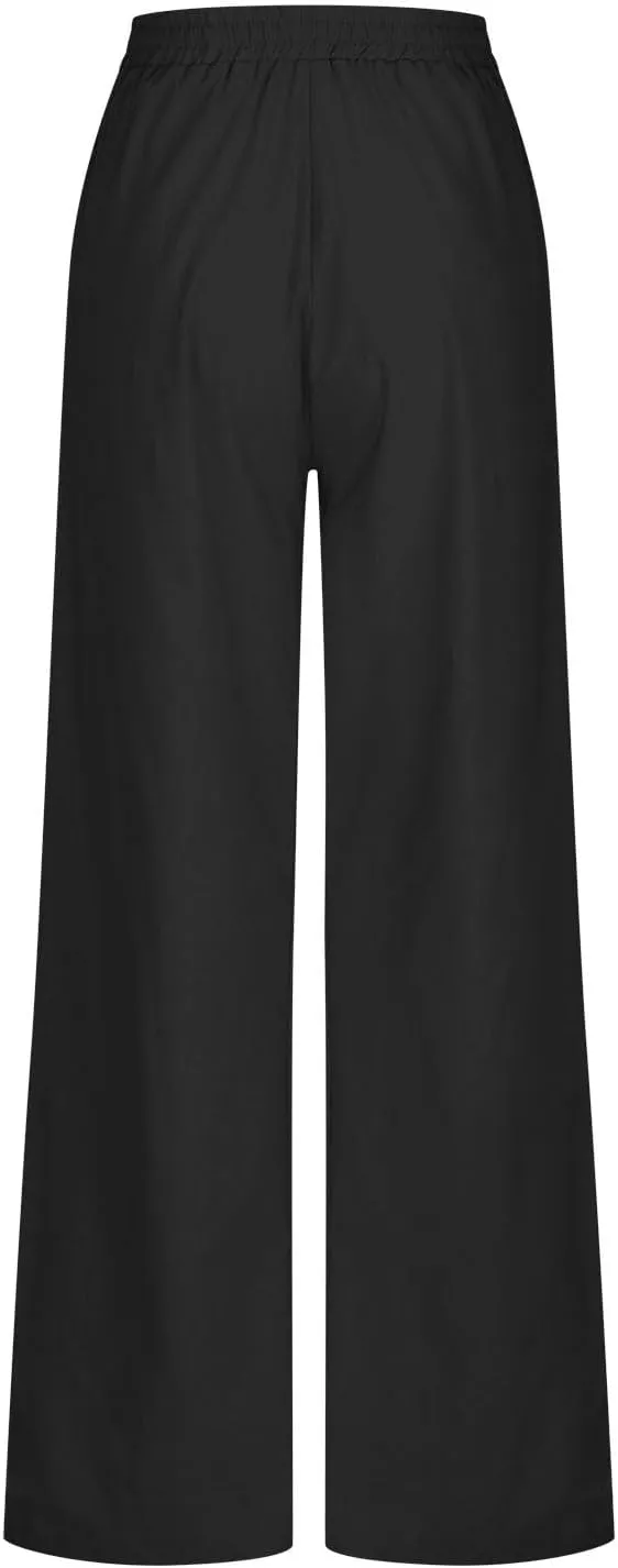 Akklian Women's Summer Cotton Linen Wide Leg Pants Drawstring High Waisted Palazzo Pants Flowy Beach Trousers with Pockets